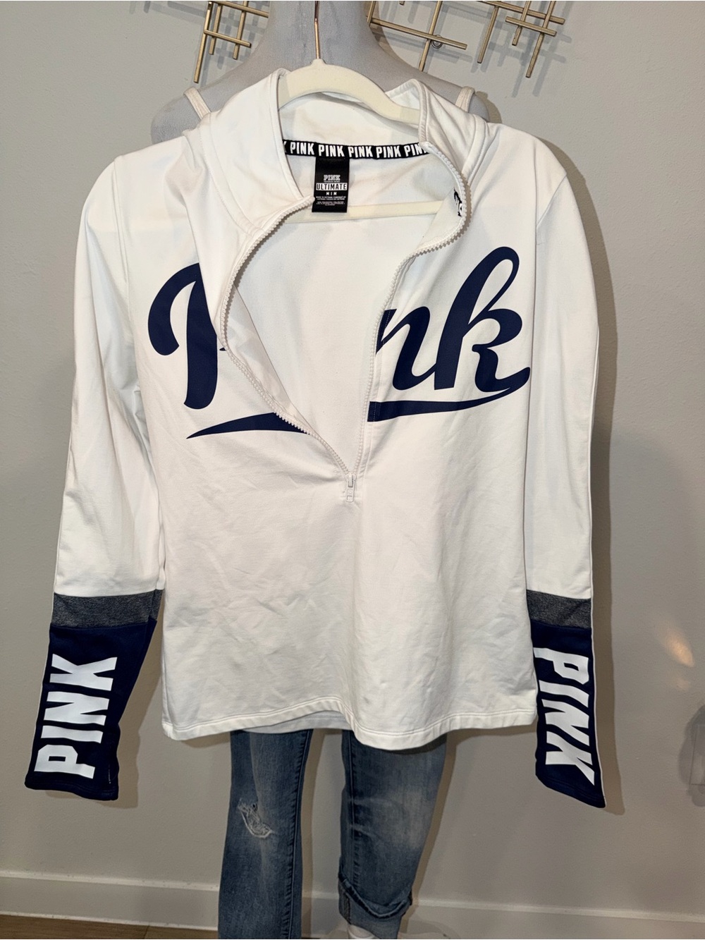 Victoria's Secret PINK Victoria's Secret White Pullover Hoodie with Navy Logo